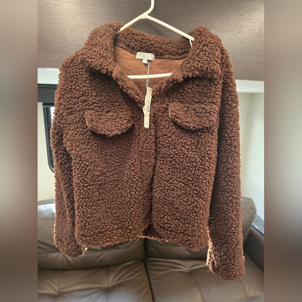 Warm & Cozy Brown Teddy Sherpa Jacket - Women's Cozy Button-Up Coat, M
